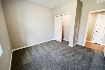 A bedroom with a carpeted floor and a closet